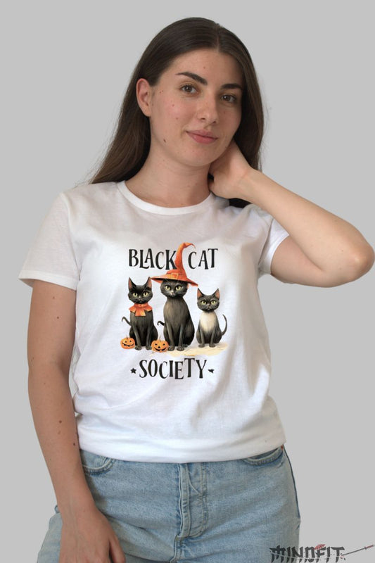 Tricou cu Pisici Dama "Black Cat Society" dama alb fata