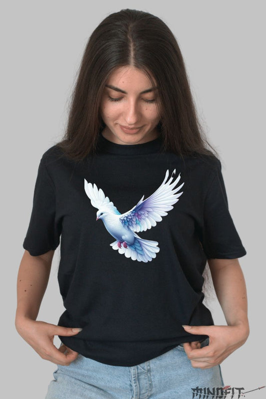Tricou cu Porumbel Gratios dama negru fata