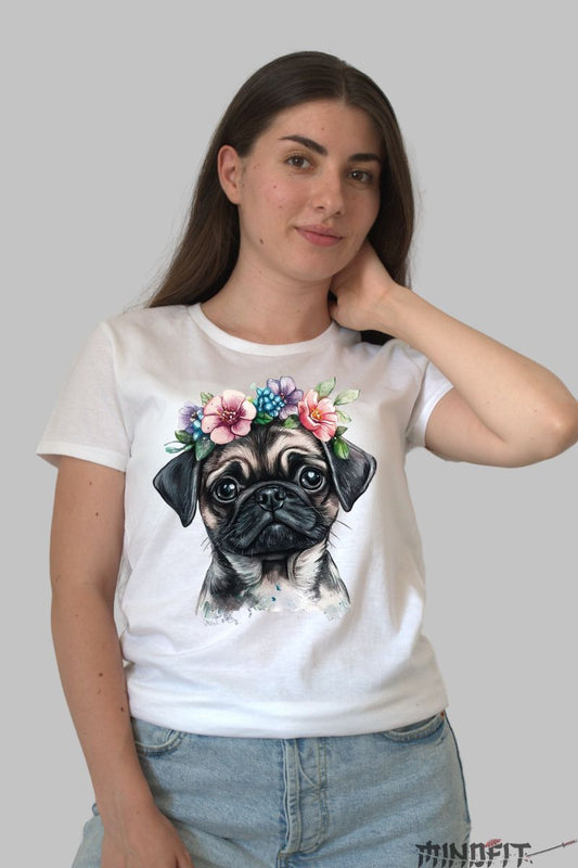 Tricou cu Pug & Flowers dama alb fata