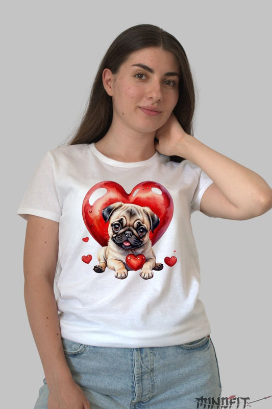 Tricou cu Pug si Inima Rosie dama alb fata