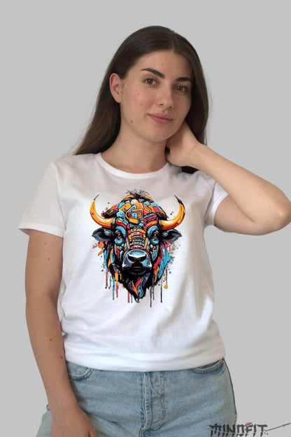 Tricou cu Taur Multicolor dama alb fata