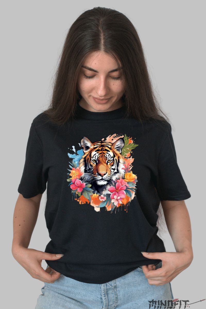 Tricou cu Tigru Viu Colorat dama negru fata