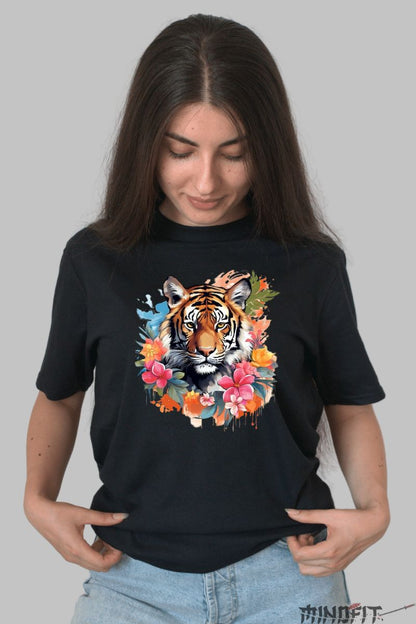 Tricou cu Tigru Viu Colorat dama negru fata