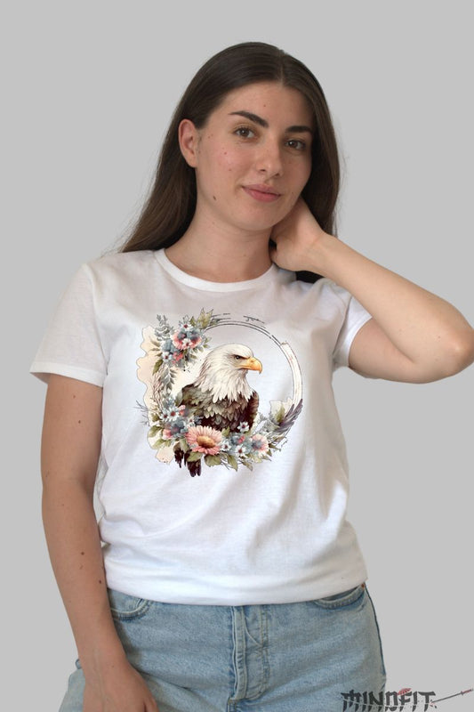 Tricou cu Vultur si Flori dama alb fata