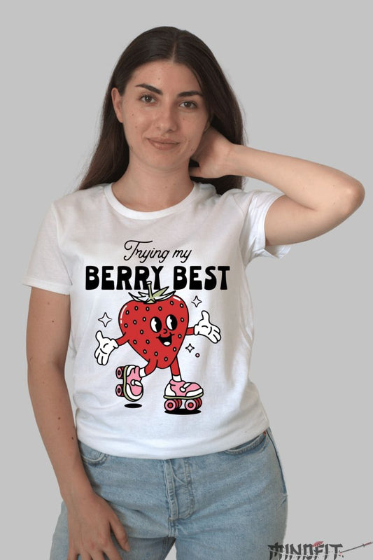Tricou cu capsuni Berry Best dama alb fata