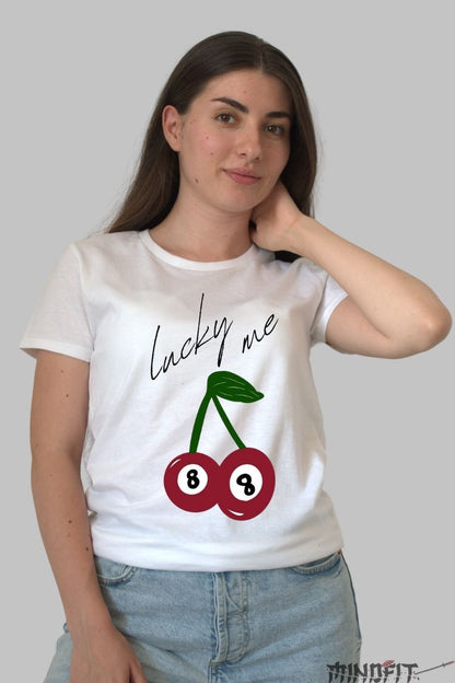 Tricou cu cirese Lucky me dama alb fata