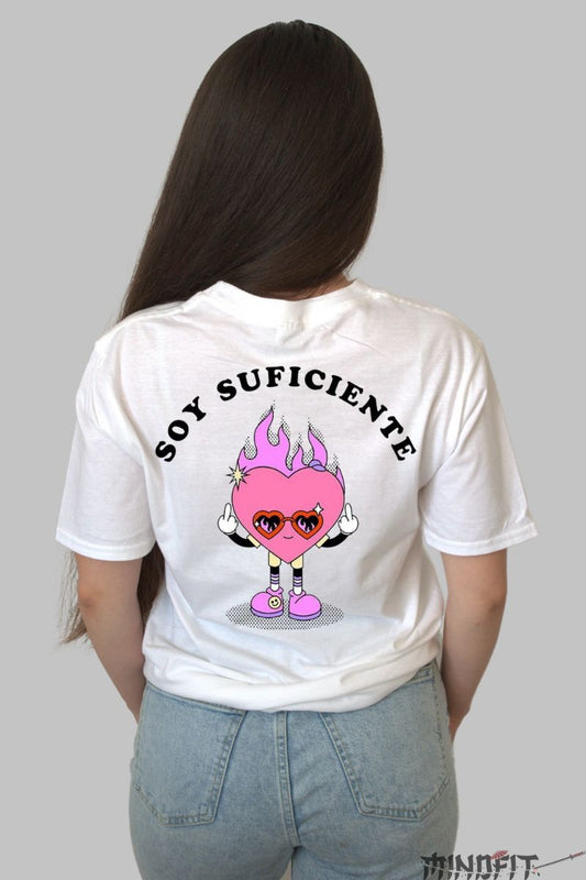 Tricou cu inima Soy Suficiente dama alb spate