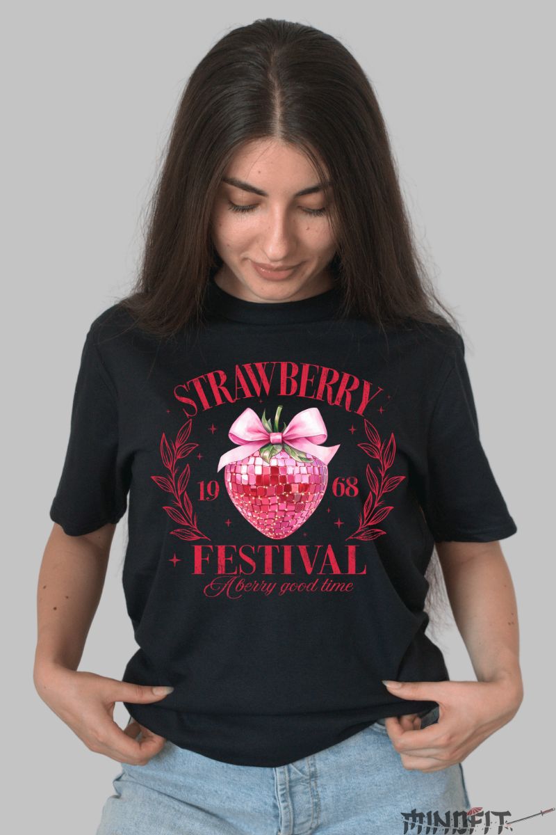 Tricou de Vara Strawberry Festival dama negru fata