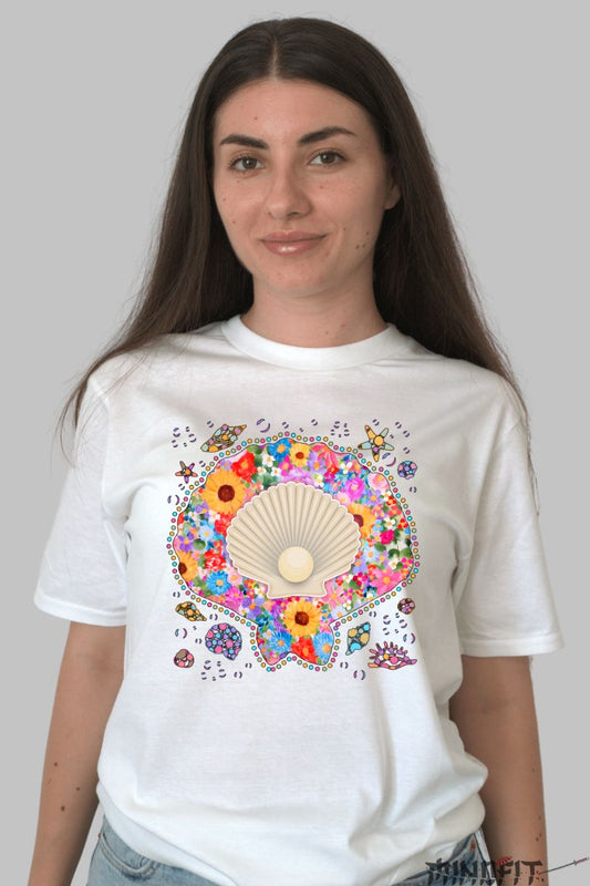 Tricou de Vara cu Scoica Viu Colorata dama alb fata