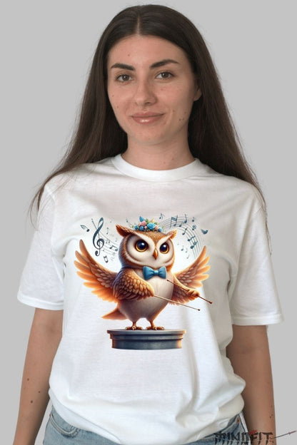 Tricou personalizat Bufnita cu Note Muzicale dama alb fata