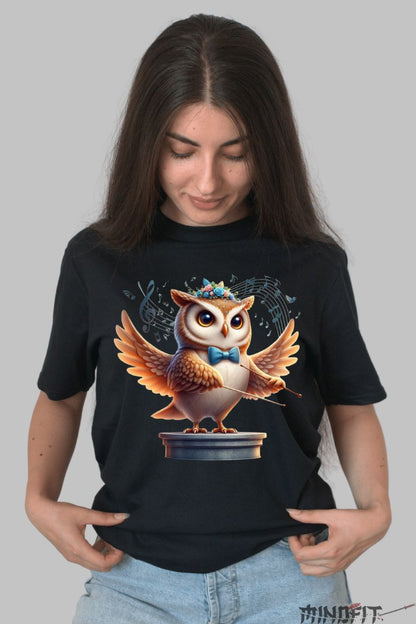 Tricou personalizat Bufnita cu Note Muzicale dama negru fata