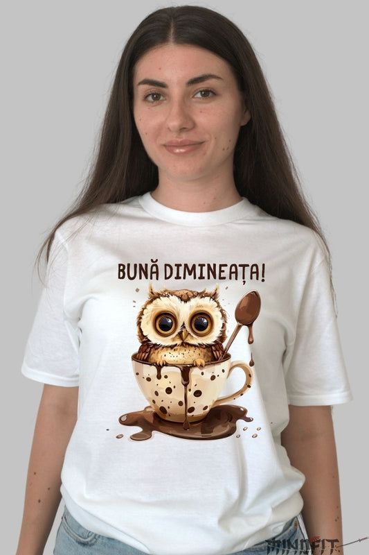 Tricou personalizat Bufnita cu poza cafea dama alb fata