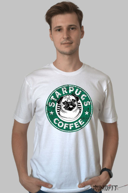 Tricou personalizat Caine Pug Starbucks barbat alb