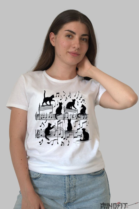 Tricou Pisici Note Muzicale dama alb fata