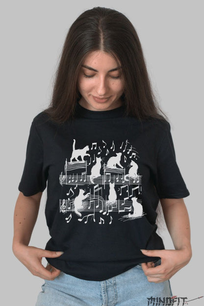 Tricou Pisici Note Muzicale dama negru fata