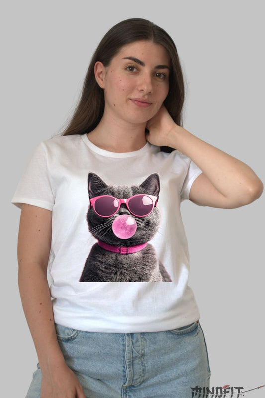 Tricou Pisica Roz Bubble Gum dama alb