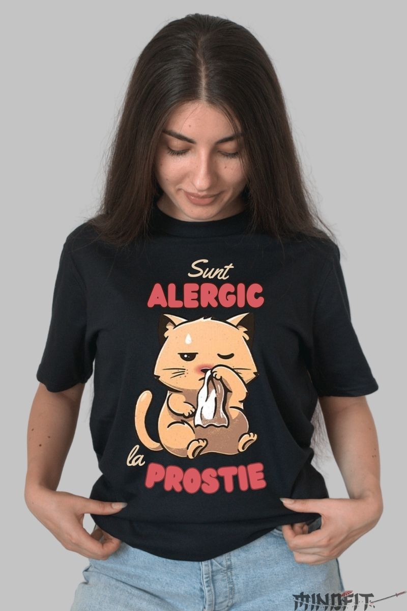 Tricou personalizat Pisica cu Alergie la prostie dama negru fata