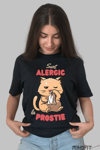 Tricou personalizat Pisica cu Alergie la prostie dama negru fata