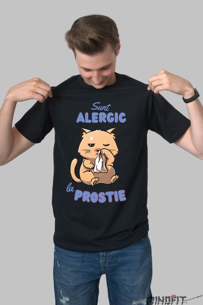 Tricou personalizat Pisica cu Alergie la prostie barbat negru fata