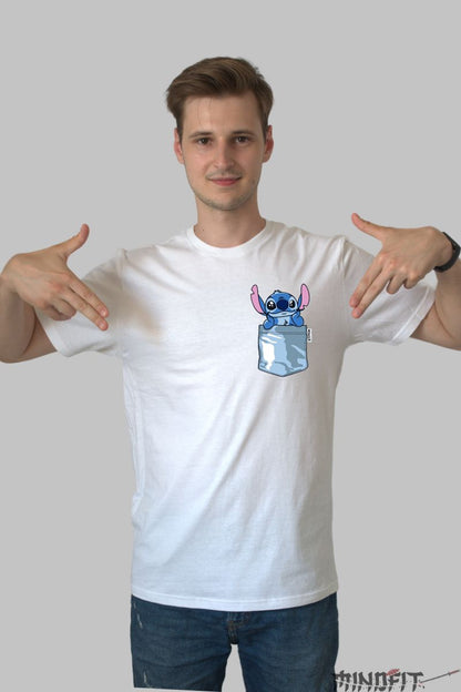 Tricou personalizat cu Stitch Albastru barbat alb fata