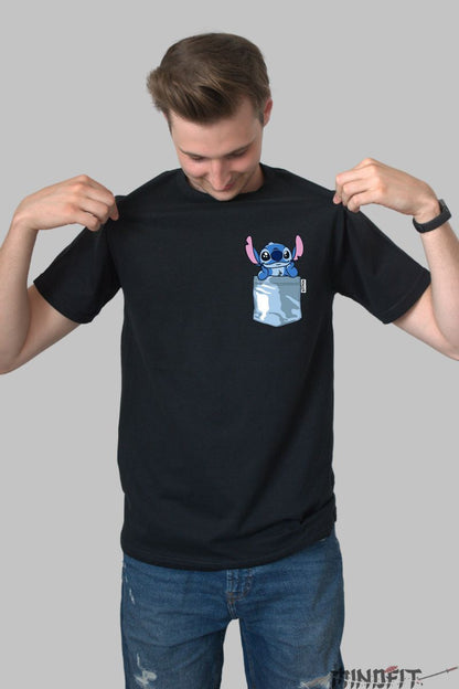 Tricou personalizat cu Stitch Albastru barbat negru fata