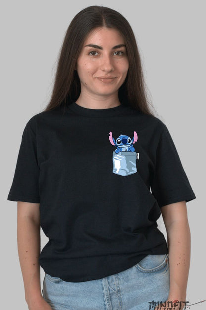 Tricou personalizat cu Stitch Albastru dama negru fata