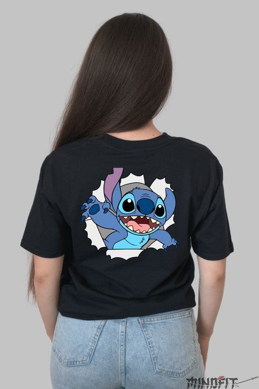Tricou personalizat cu Stitch Albastru dama negru spate