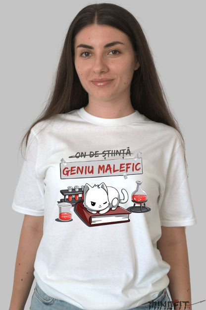 Tricou personalizat pisica comica geniu dama alb fata