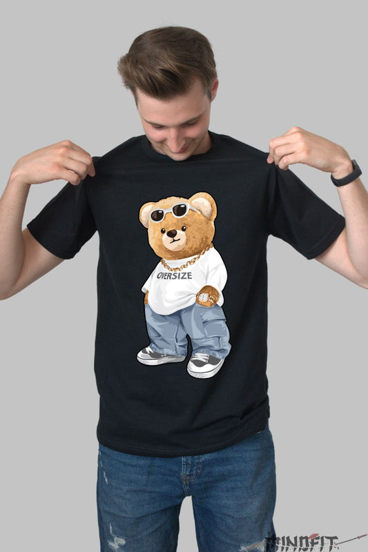 Tricou personalizat ursulet plus mare barbat negru fata