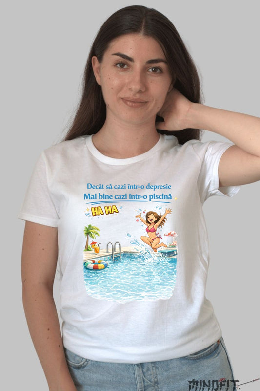 Tricou Amuzant Decat Sa Cazi Intr-o Depresie dama alb