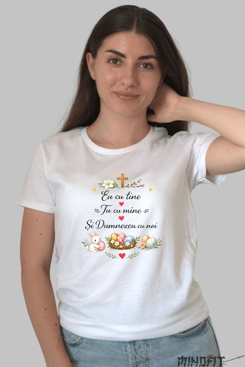 Tricou Paste Eu Cu tine Tu Cu Mine Si Dumnezeu Cu Noi dama alb