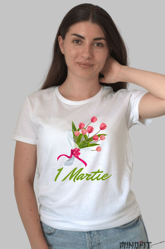 Tricou 1 Martie - Buchet De Lalele Roz Dama Alb
