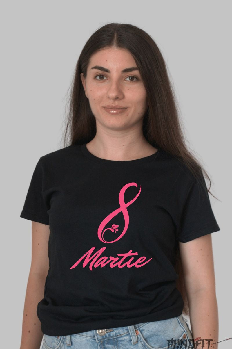 Tricou 8 Martie Cu Trandafir Roz Eleganta Dama Negru