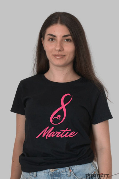 Tricou 8 Martie Cu Trandafir Roz Eleganta Dama Negru