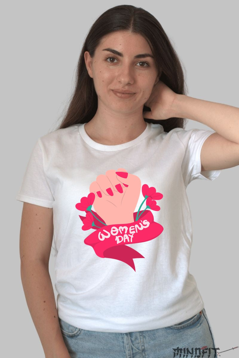 Tricou 8 Martie - Femeie Puternica Cu Flori Dama Alb