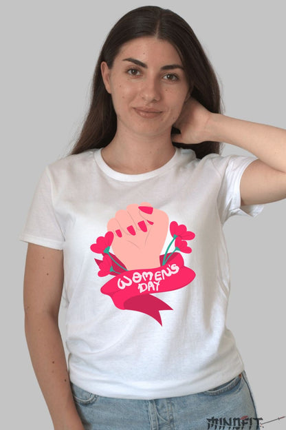 Tricou 8 Martie - Femeie Puternica Cu Flori Dama Alb