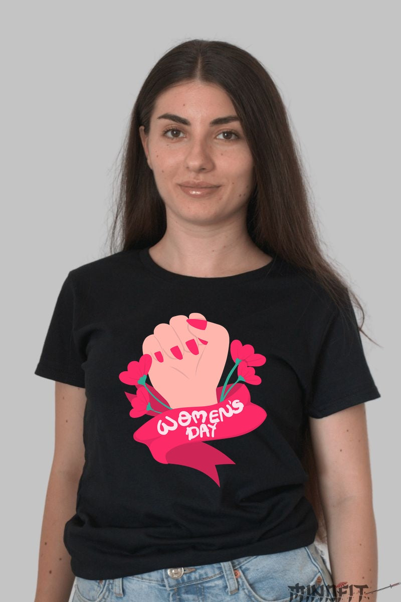 Tricou 8 Martie - Femeie Puternica Cu Flori Dama Negru