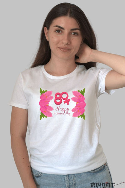 Tricou 8 Martie - Happy Women's Day Roz Dama Alb