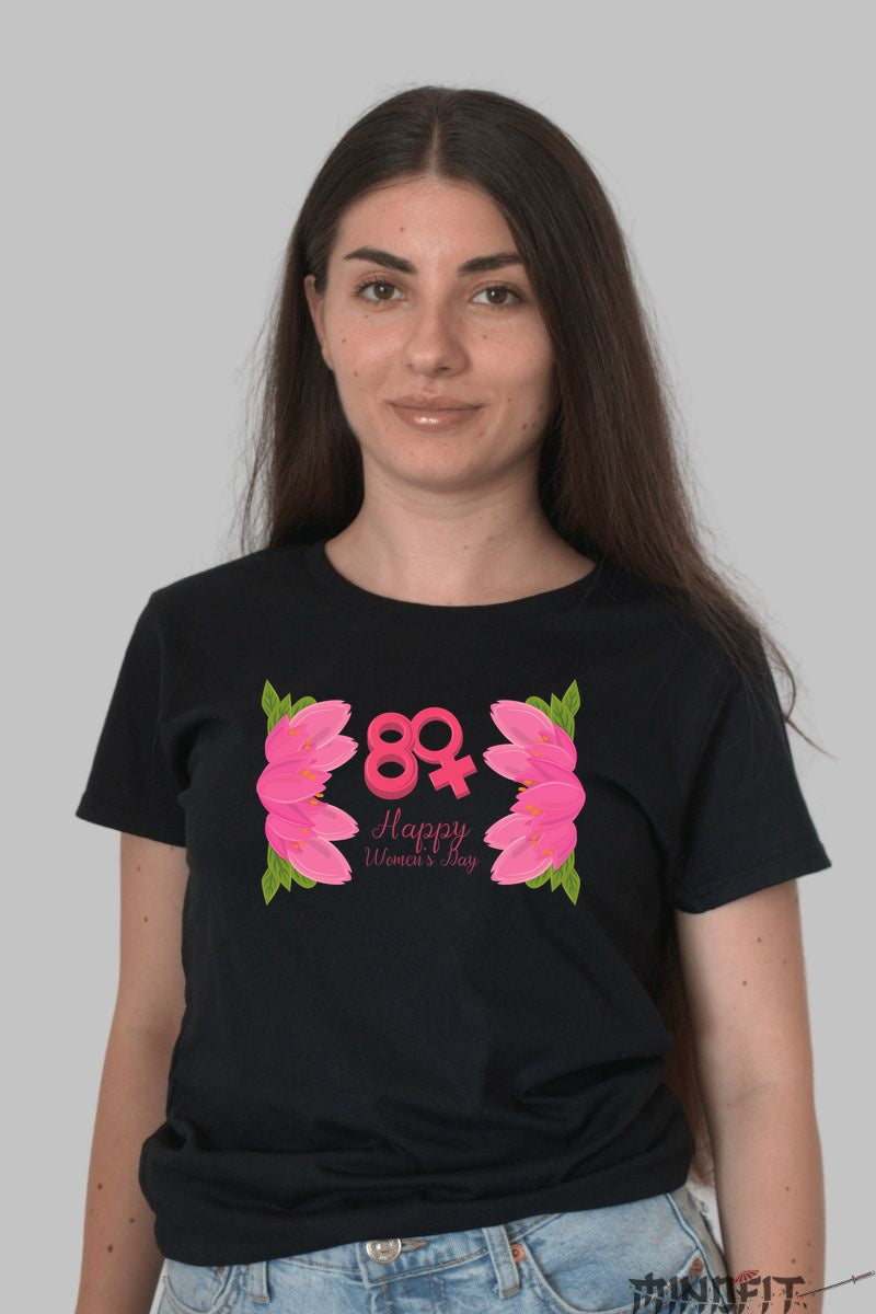 Tricou 8 Martie - Happy Women's Day Roz Dama Negru