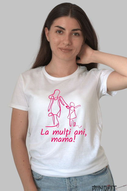 Tricou 8 Martie - Mama si Copil Contur Roz Dama Alb