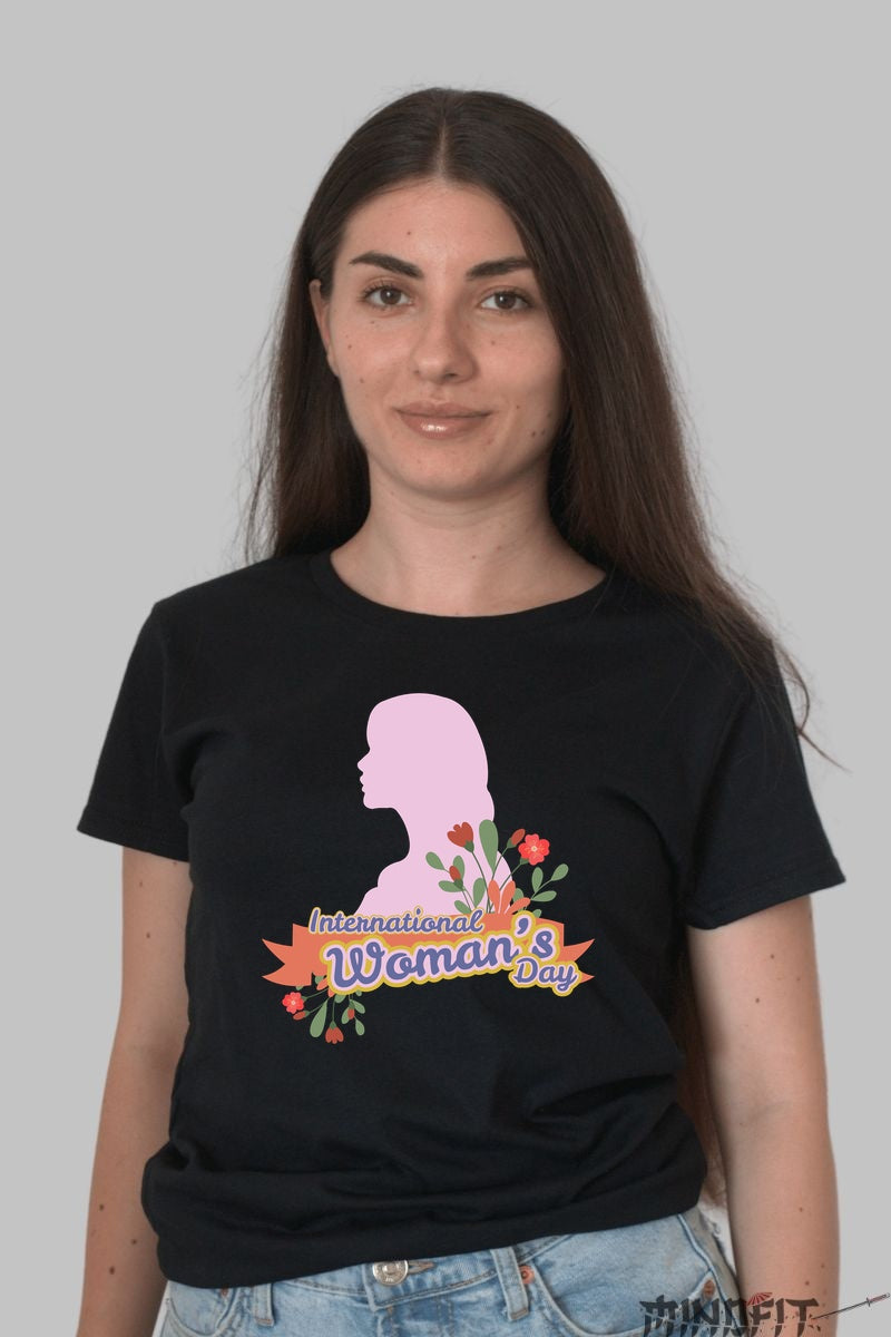 Tricou 8 Martie - Silueta Cu Flori Delicate Dama Negru