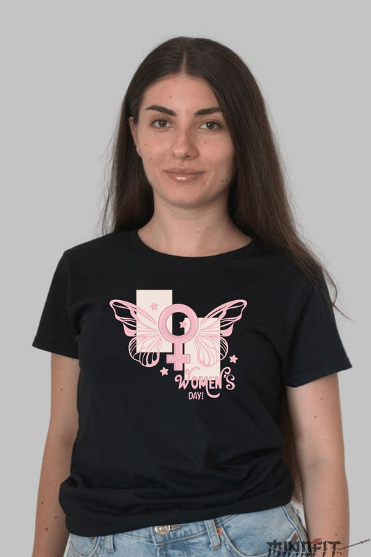 Tricou 8 Martie - Women's Day Fluturi Roz Dama Negru