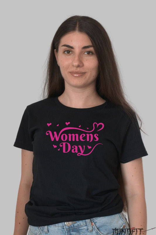 Tricou 8 Martie - Womens Day Roz Cu Inimi Dama Negru