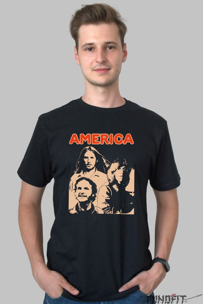 Tricou America Band - Portret Retro in Contrast barbat negru