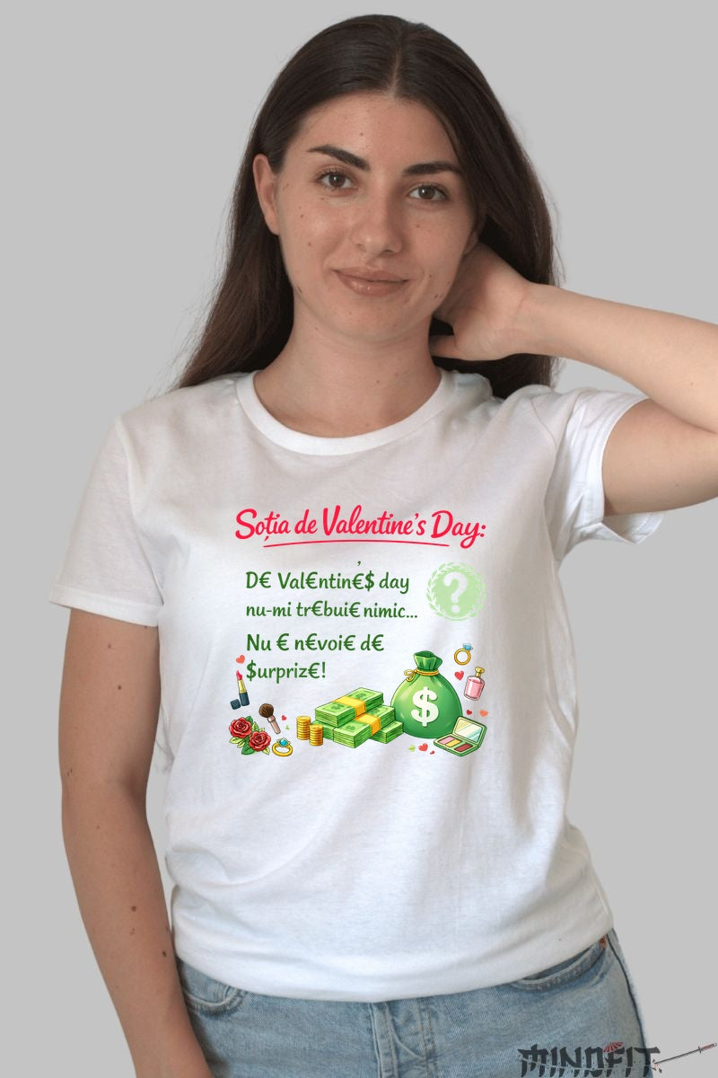 Tricou Amuzant Sotia de Valentine's Day Cu Bani dama alb