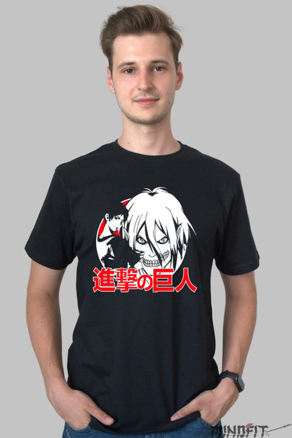 Tricou Anime Attack on Titan - Eren si Titanul Femela in Confruntare Barbat Negru