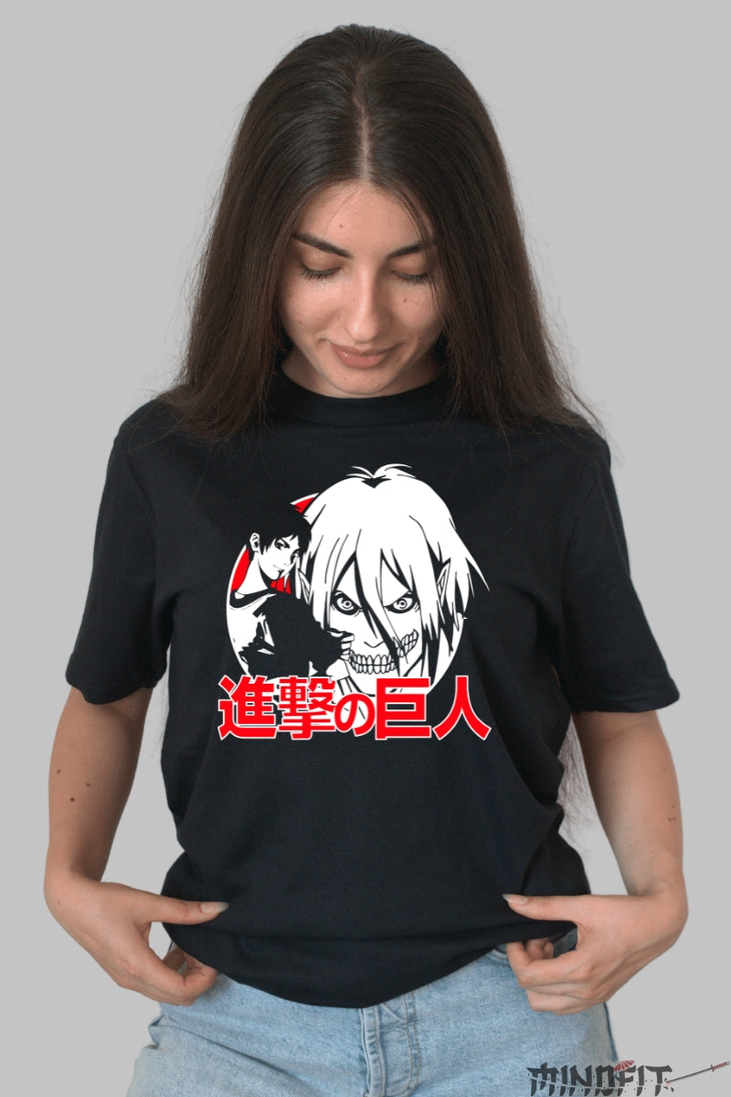 Tricou Anime Attack on Titan - Eren si Titanul Femela in Confruntare Dama Negru