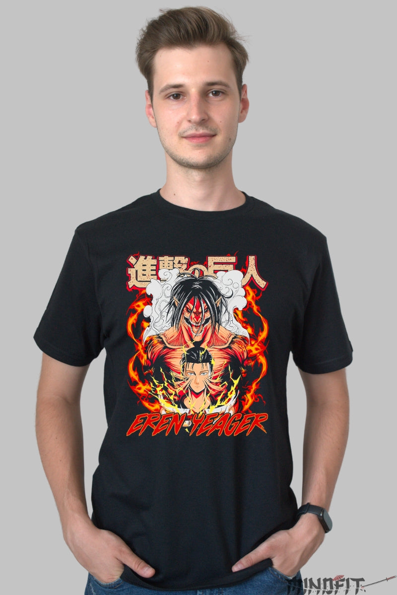 Tricou Anime Attack on Titan - Eren Yeager Transformare in Flacari Barbat Negru