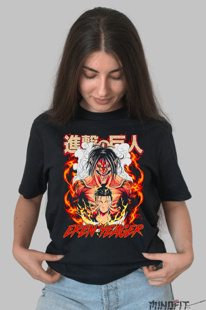 Tricou Anime Attack on Titan - Eren Yeager Transformare in Flacari Dama Negru