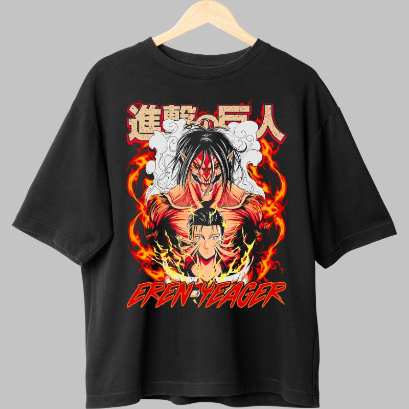 Tricou Anime Attack on Titan - Eren Yeager Transformare in Flacari Fata